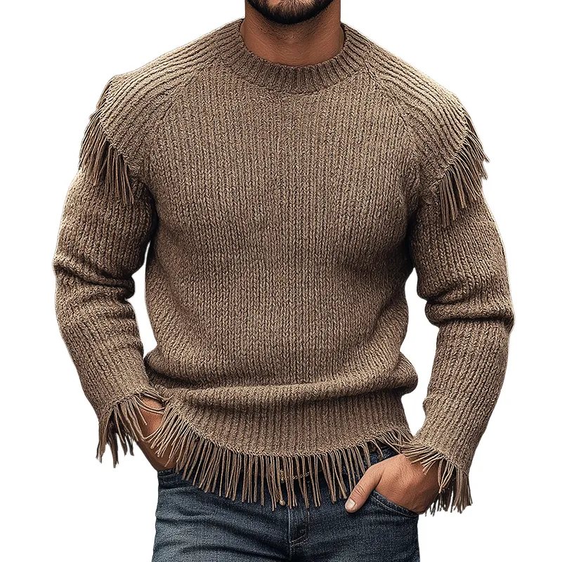 Men's Retro Casual Tassel Crew Neck Sweater MTA1950H8TO sold by Manly