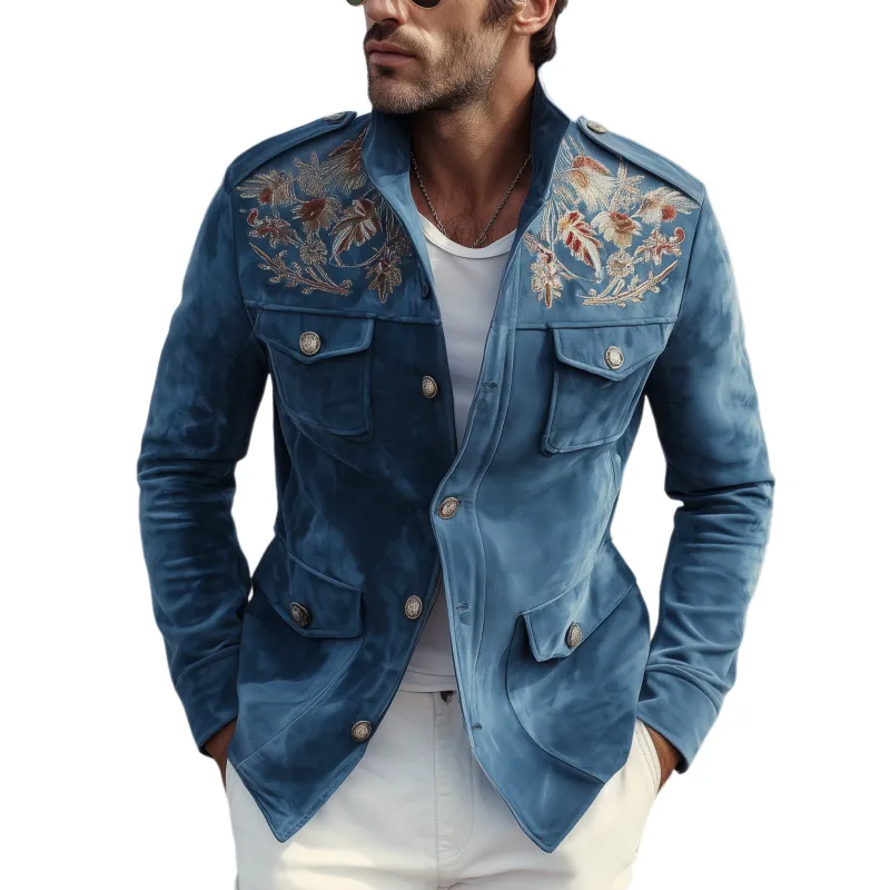 Men's Classic American Retro Western Style Embroidered Suede Multi-Pocket Jacket MTA2067H2K sold by Manly