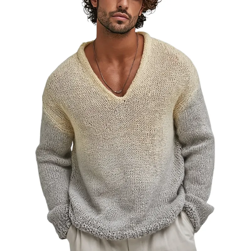 Men's Fashion Gradient V Neck Long Sleeve Loose Sweater MTA2072H4Z sold by Manly