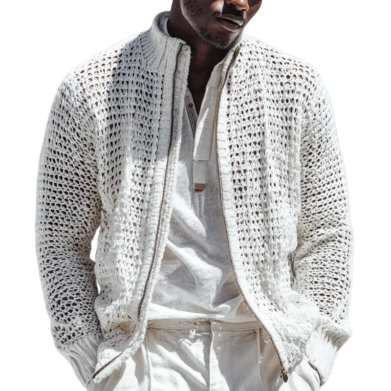 Men's Fashion Openwork Knit Stand Collar Zipper Jacket Cardigan MTA2034H9Z sold by Manly