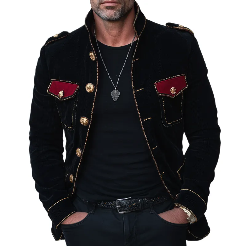 Men's Vintage Stand Collar Velvet Multi-Button Jacket MTA1901H1U sold by Manly