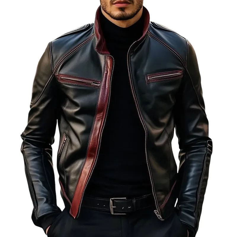 Men's Contrast Lapel PU Zipper Jacket MTA1963H3X sold by Manly