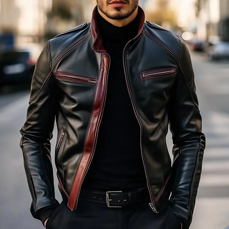 Men's Contrast Lapel PU Zipper Jacket MTA1963H3X sold by Manly product image thumbnail 2