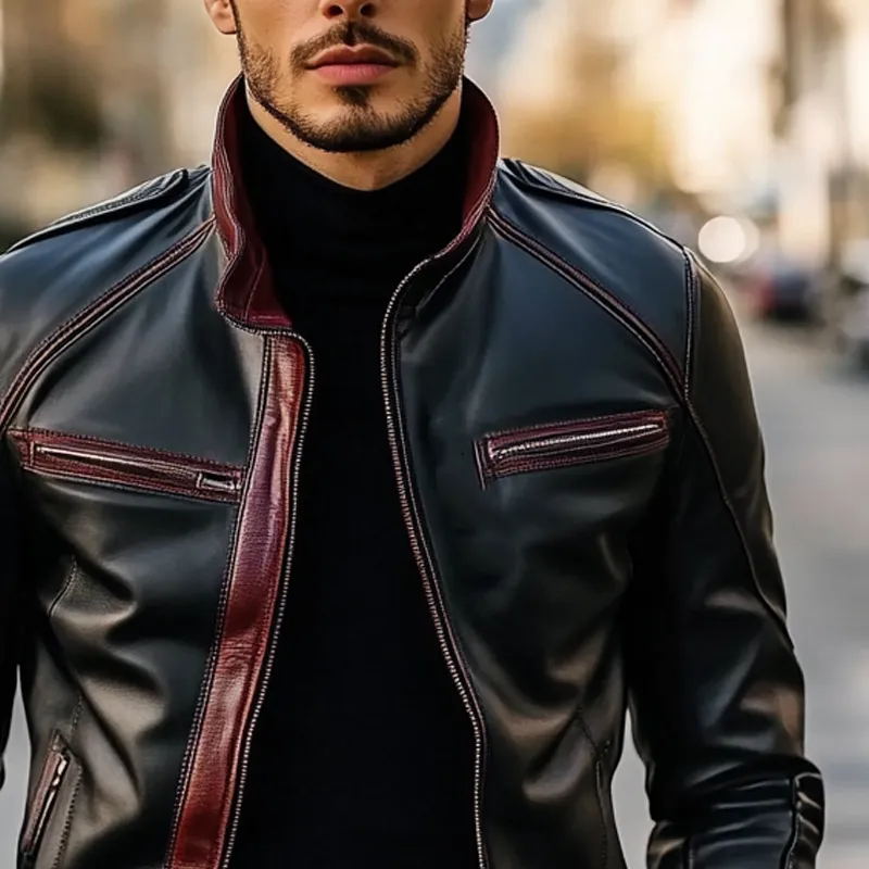 Men's Contrast Lapel PU Zipper Jacket MTA1963H3X sold by Manly product image thumbnail 3