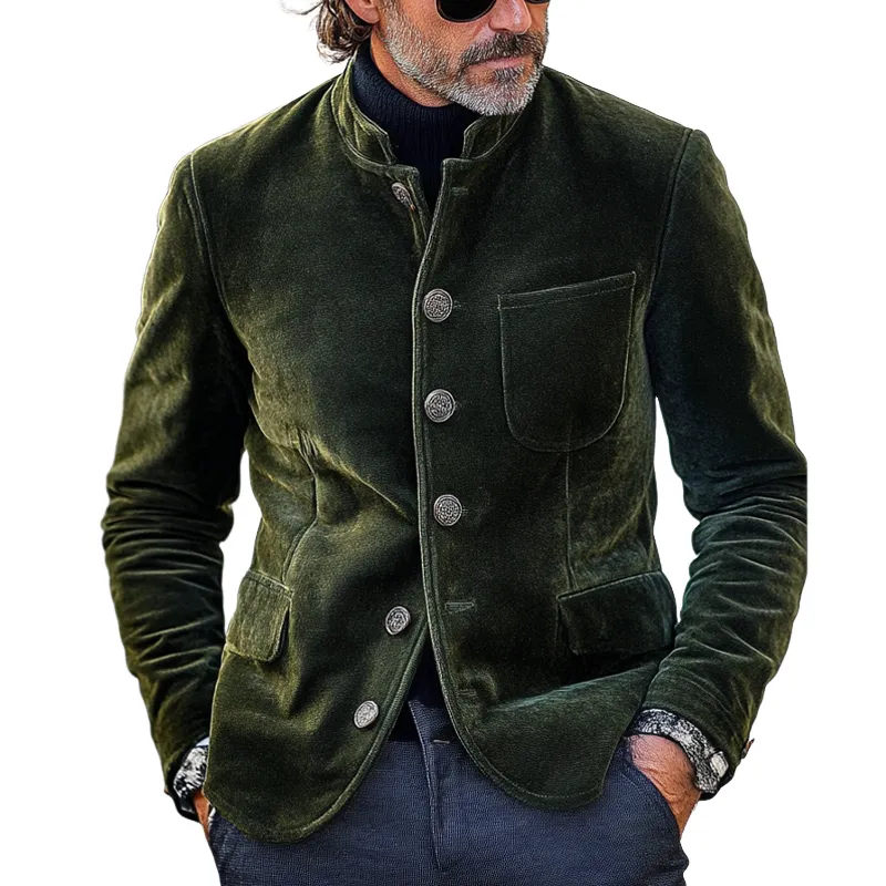 Men's Vintage Velvet Solid Color Stand Collar Single Breasted Blazer MTA1965H8X sold by Manly