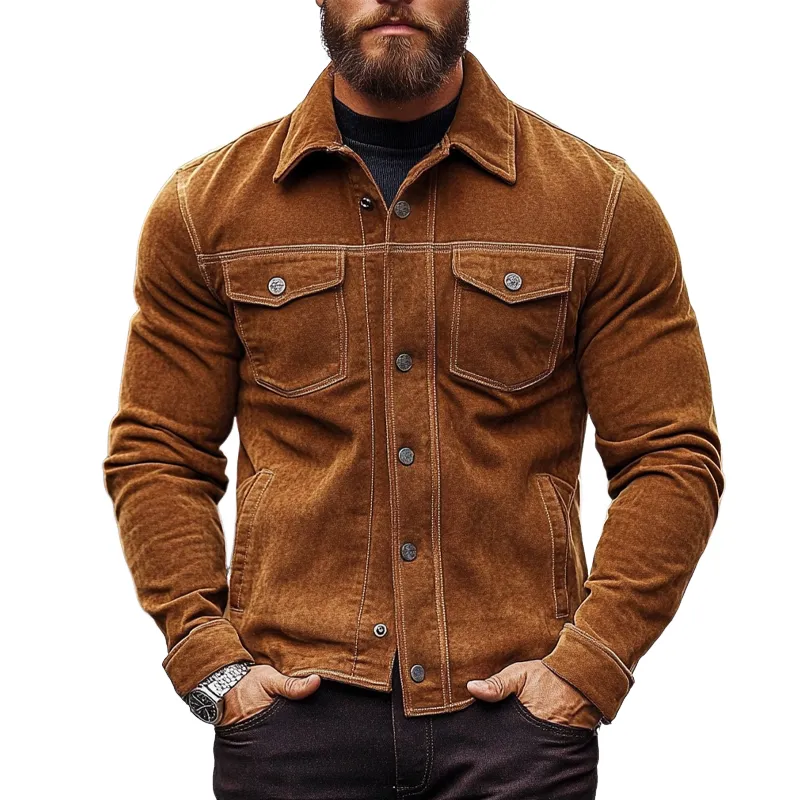 Men's Vintage Solid Color Lapel Single-Breasted Faux Suede Jacket MTA1961H5X sold by Manly