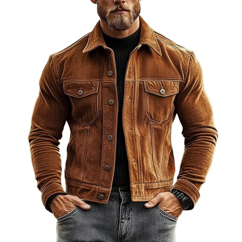 Men's Vintage Solid Color Faux Suede Lapel Single Breasted Jacket MTA1936H9X sold by Manly