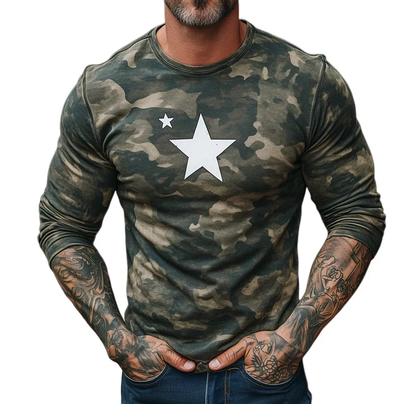 Men's Retro Casual Camouflage Star Print Round Neck Long Sleeve T-shirt MTA1836H8TO sold by Manly