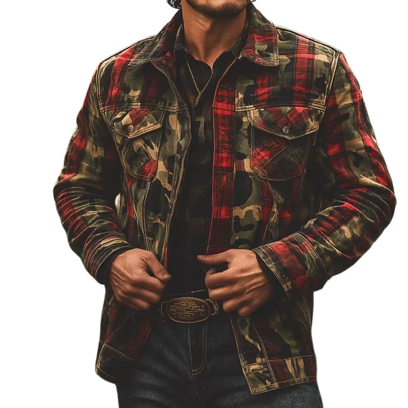 Men's Retro Casual Camouflage Plaid Print Lapel Jacket MTA1834H2TO sold by Manly