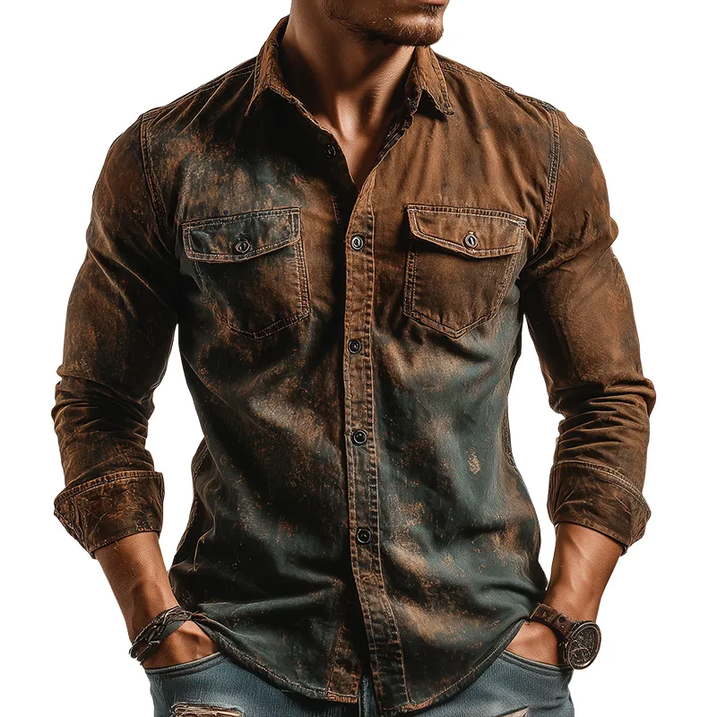 Men's Retro Casual Dirty Print Lapel Long Sleeve Shirt MTA1815H7TO sold by Manly