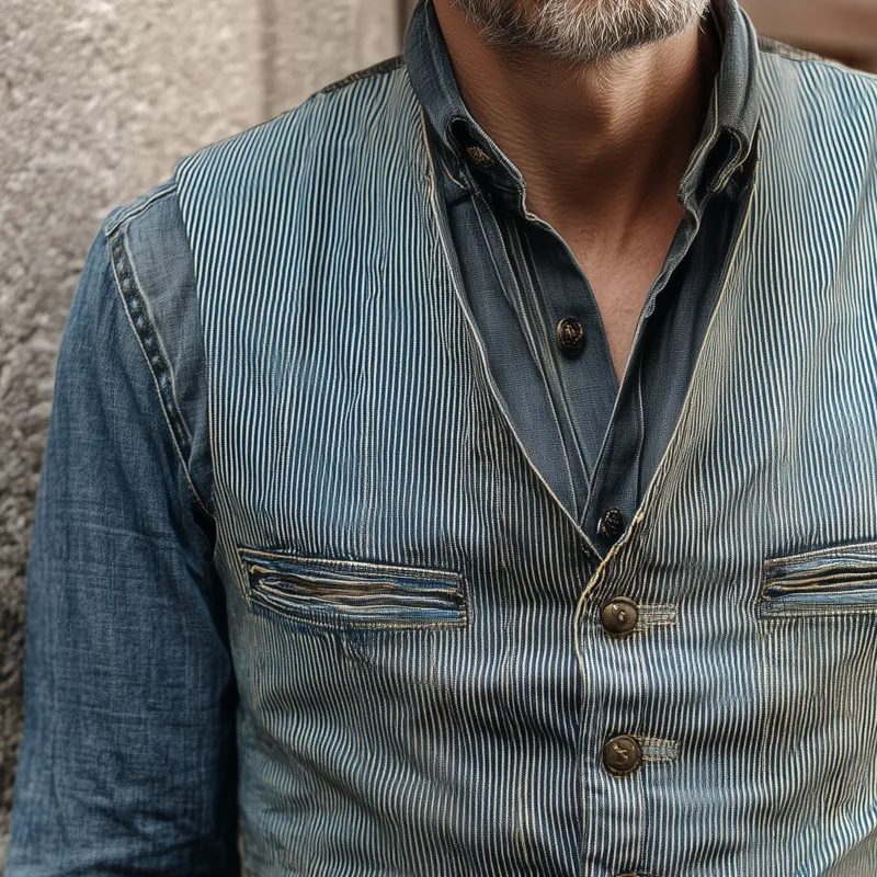 Men's Vintage Striped Denim V Neck Single Breasted Multi-pocket Vest MTA1880H1Z sold by Manly product image thumbnail 3