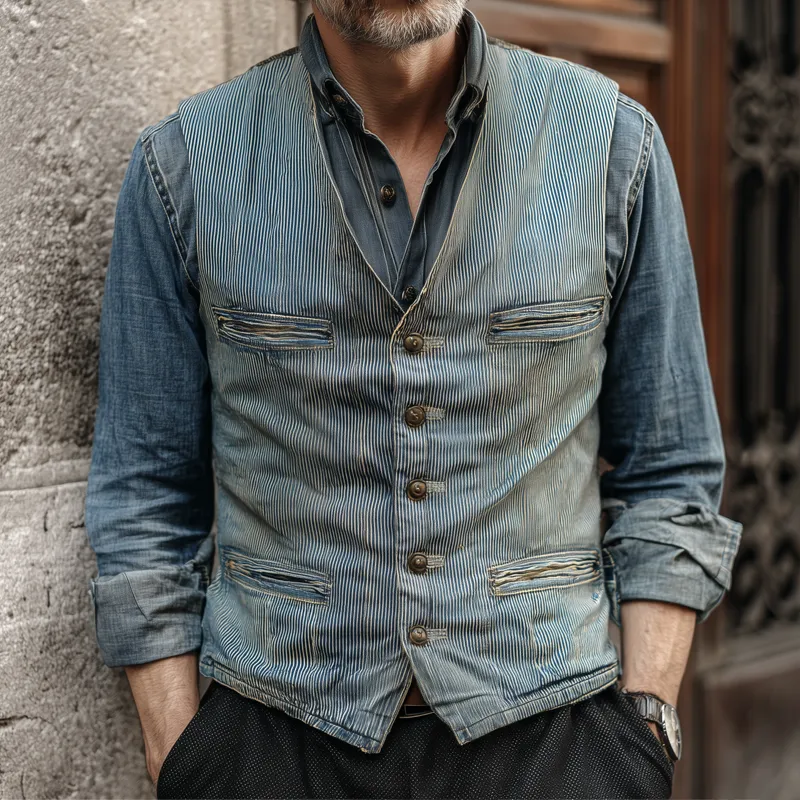 Men's Vintage Striped Denim V Neck Single Breasted Multi-pocket Vest MTA1880H1Z sold by Manly product image thumbnail 2