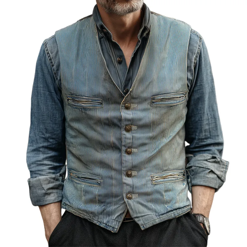 Men's Vintage Striped Denim V Neck Single Breasted Multi-pocket Vest MTA1880H1Z sold by Manly