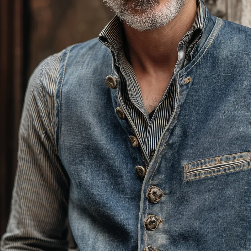 Men's Vintage Washed Denim Round Neck Single Breasted Multi-pocket Vest MTA1845H1Z sold by Manly product image thumbnail 3