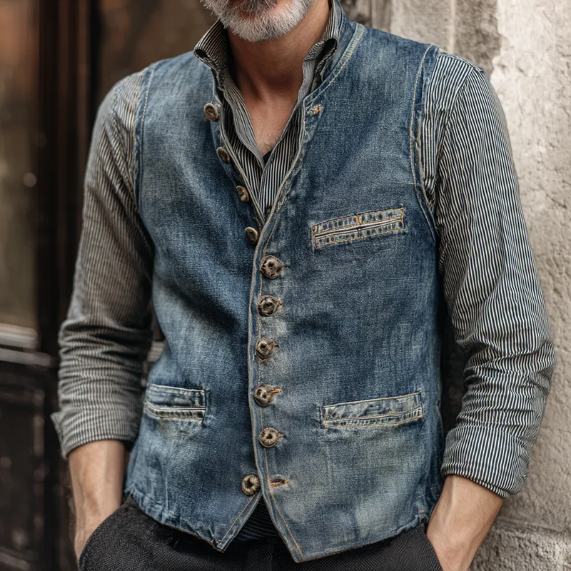 Men's Vintage Washed Denim Round Neck Single Breasted Multi-pocket Vest MTA1845H1Z sold by Manly product image thumbnail 2