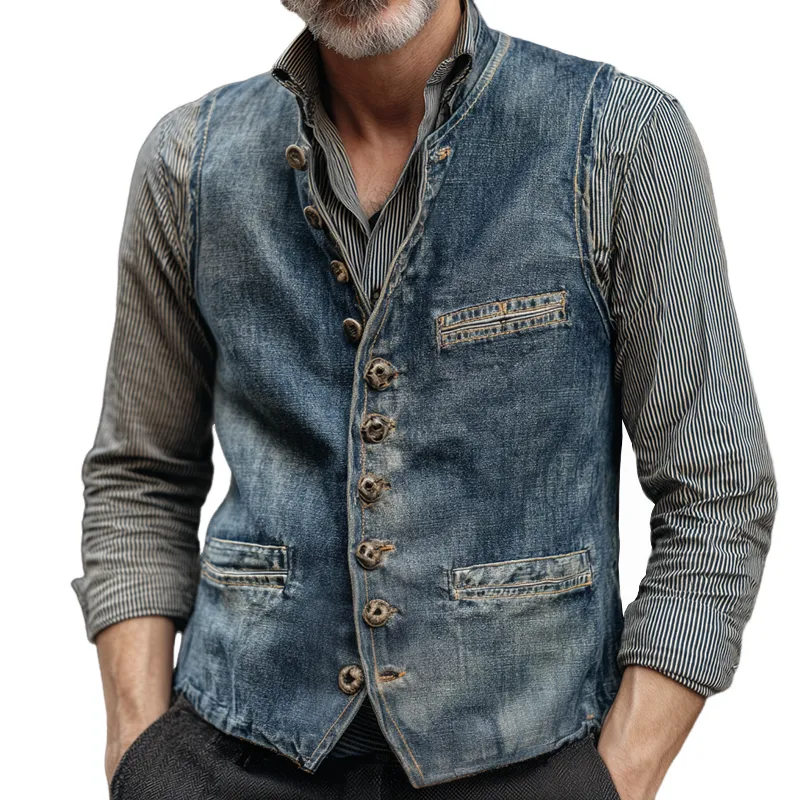 Men's Vintage Washed Denim Round Neck Single Breasted Multi-pocket Vest MTA1845H1Z sold by Manly