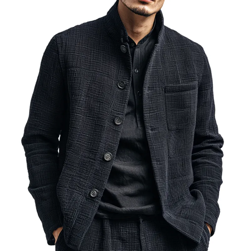 Men's Solid Textured Stand Collar Single Breasted Casual Jacket MTA1901H5Z sold by Manly