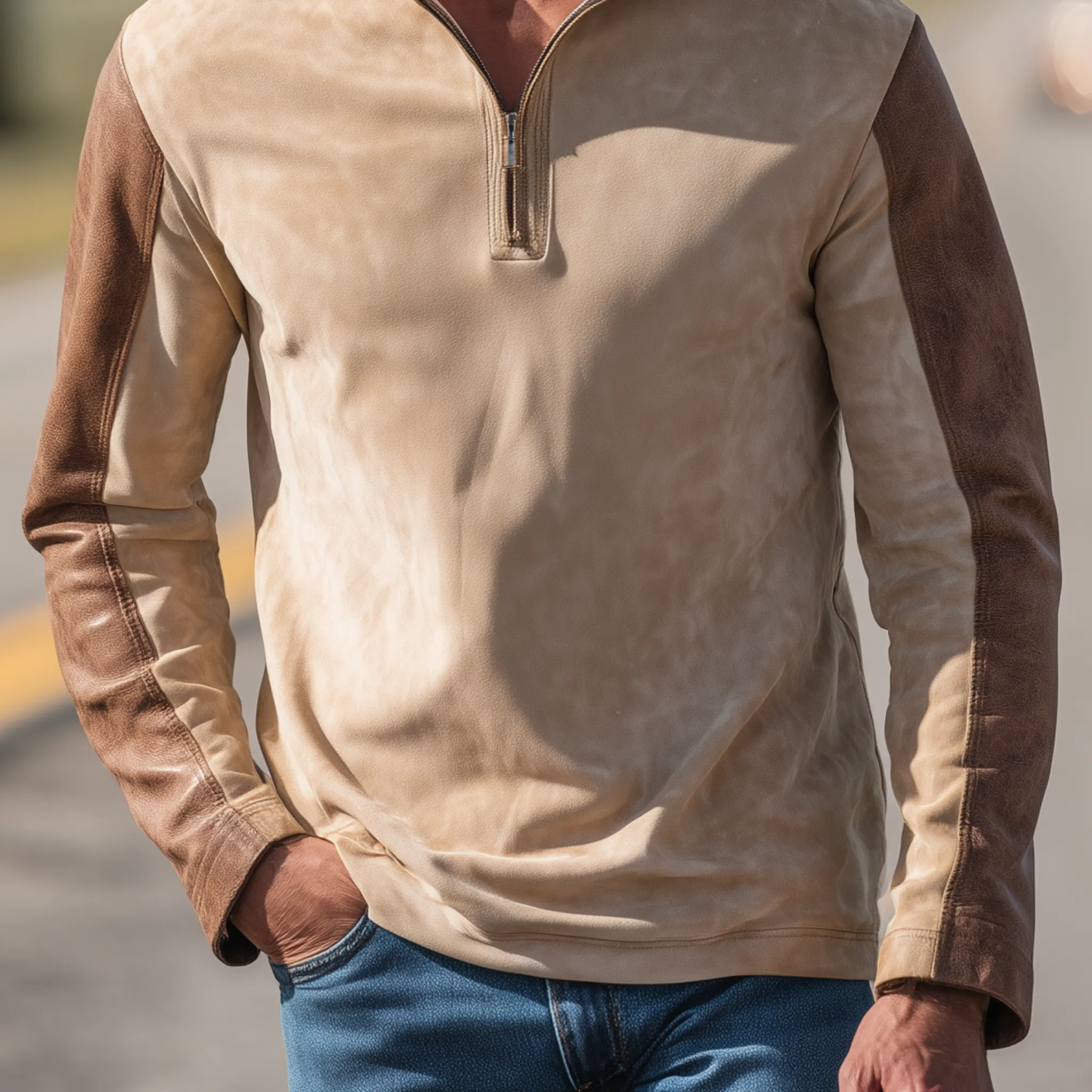 Men's Classic Retro Western Style Sleeves Stitching PU Leather Stand Collar Suede Long-sleeved T-shirt MTA1907H4K sold by Manly product image thumbnail 5