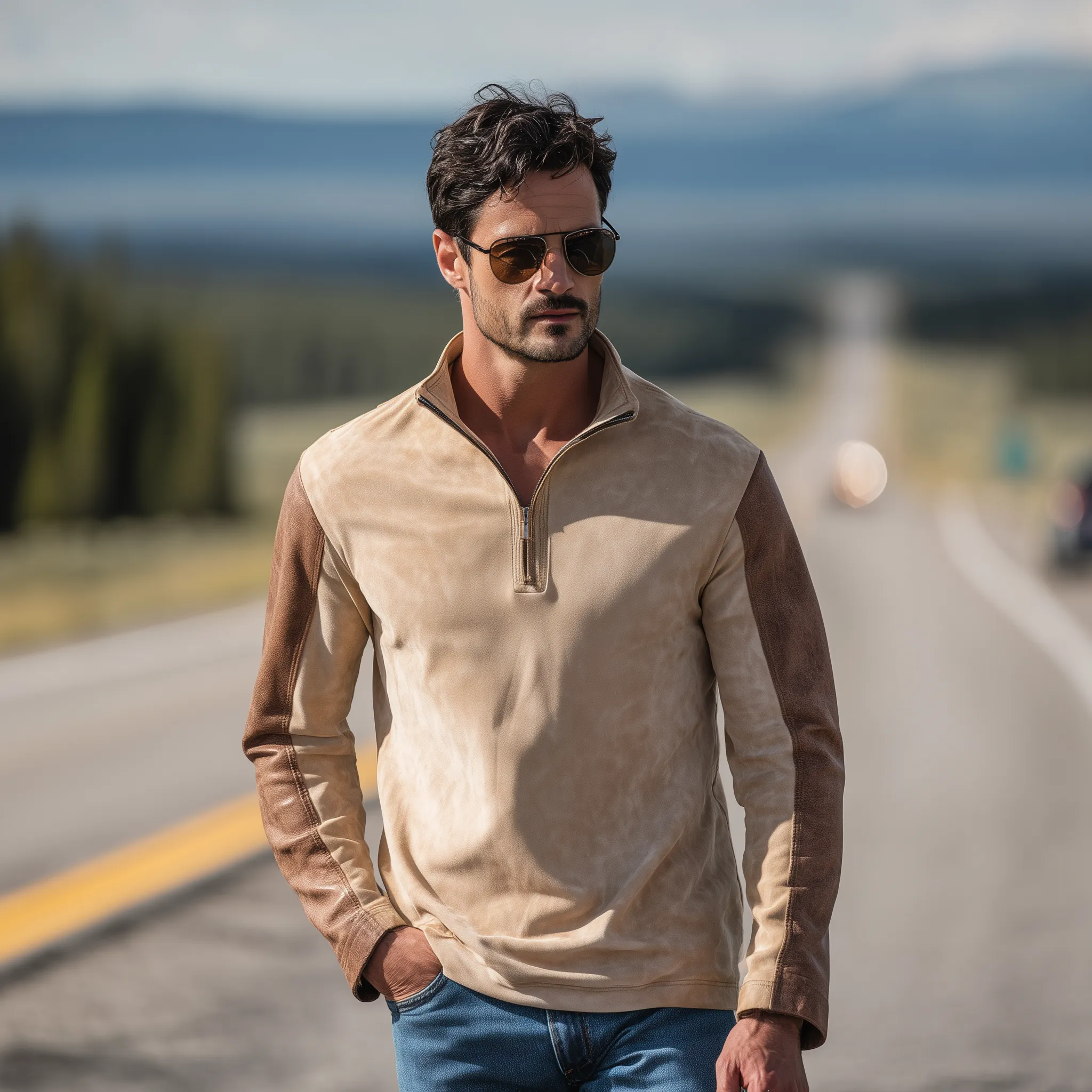 Men's Classic Retro Western Style Sleeves Stitching PU Leather Stand Collar Suede Long-sleeved T-shirt MTA1907H4K sold by Manly product image thumbnail 3