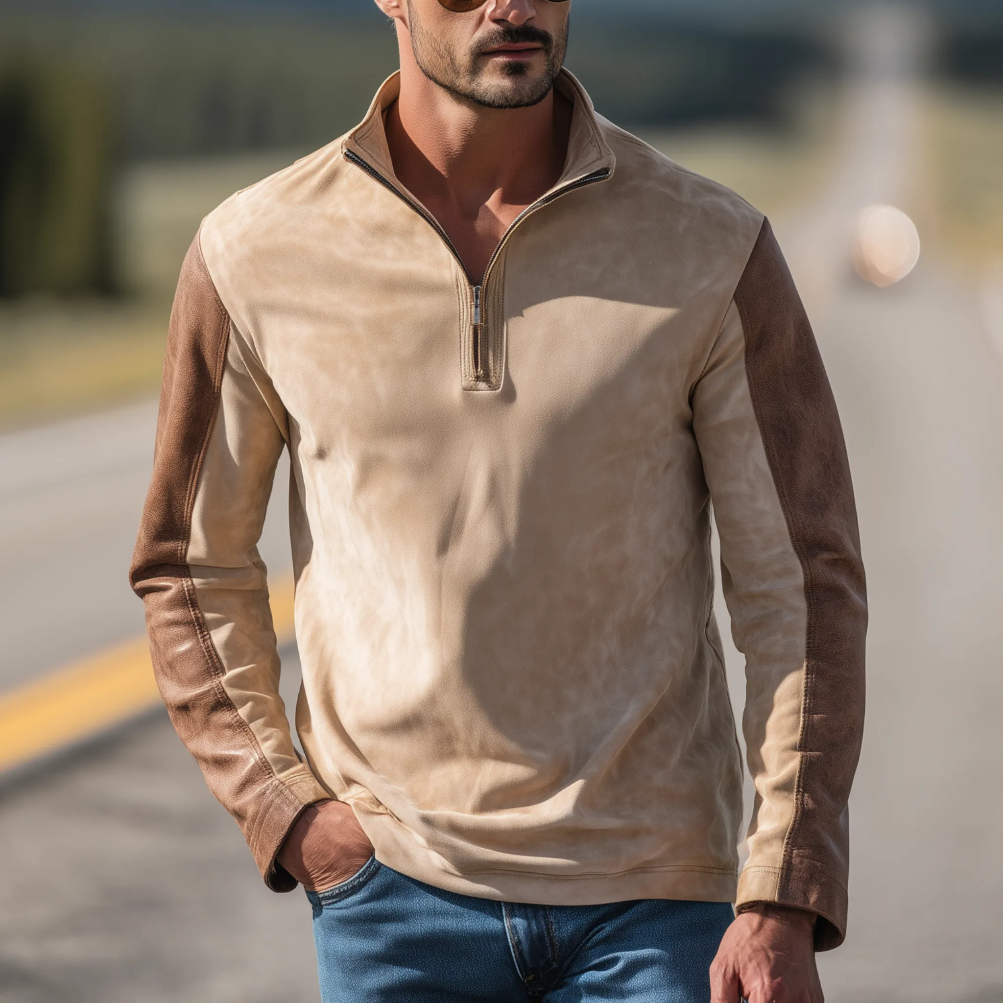 Men's Classic Retro Western Style Sleeves Stitching PU Leather Stand Collar Suede Long-sleeved T-shirt MTA1907H4K sold by Manly product image thumbnail 2