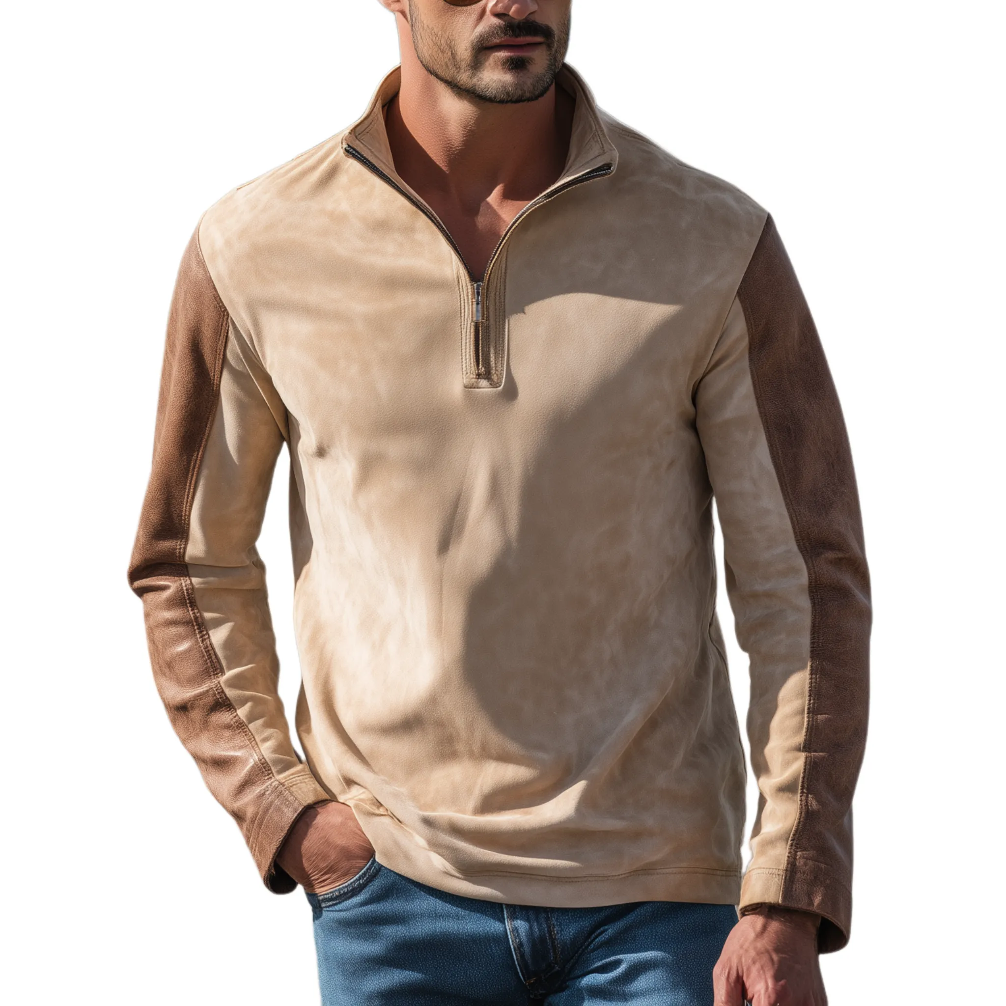 Men's Classic Retro Western Style Sleeves Stitching PU Leather Stand Collar Suede Long-sleeved T-shirt MTA1907H4K sold by Manly
