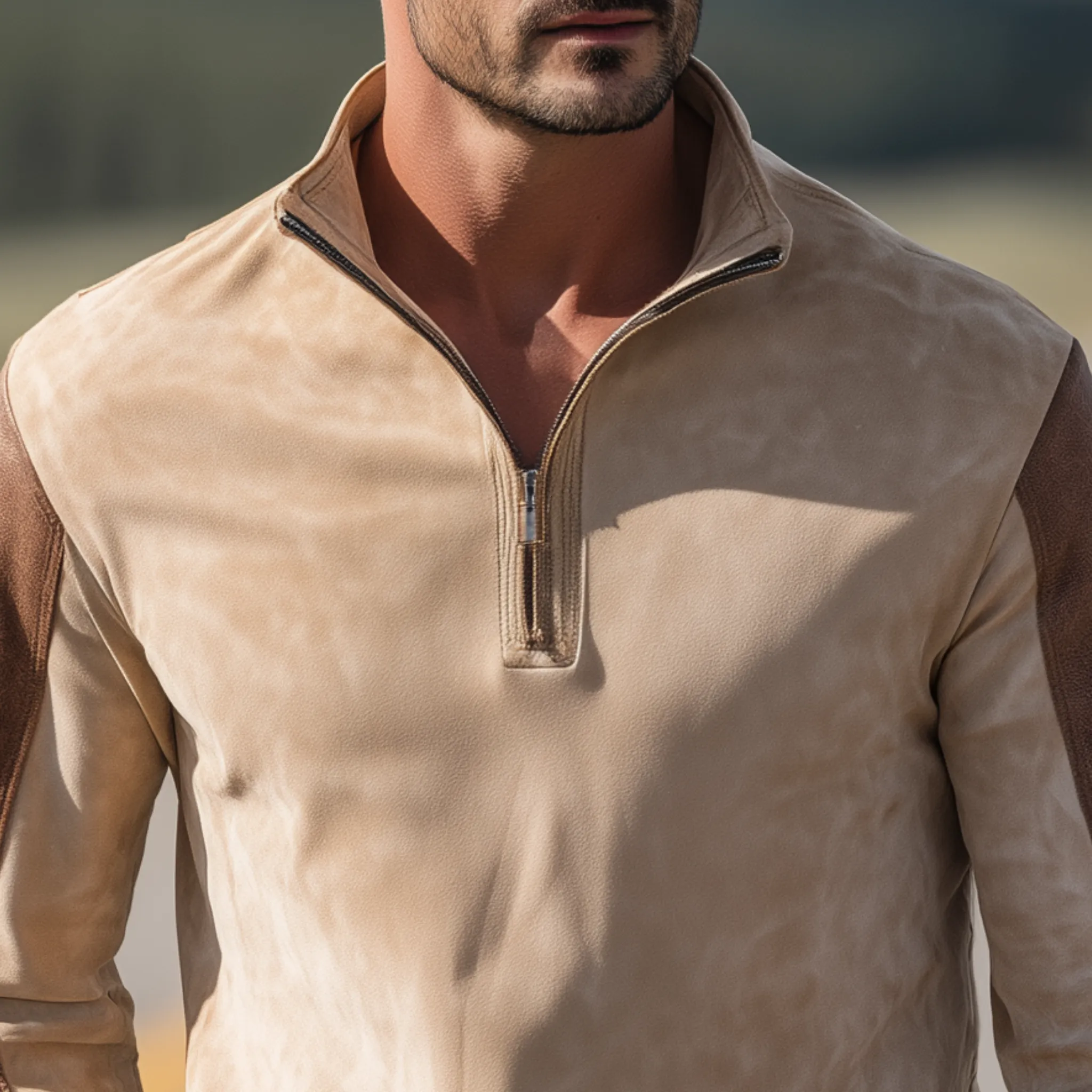 Men's Classic Retro Western Style Sleeves Stitching PU Leather Stand Collar Suede Long-sleeved T-shirt MTA1907H4K sold by Manly product image thumbnail 4