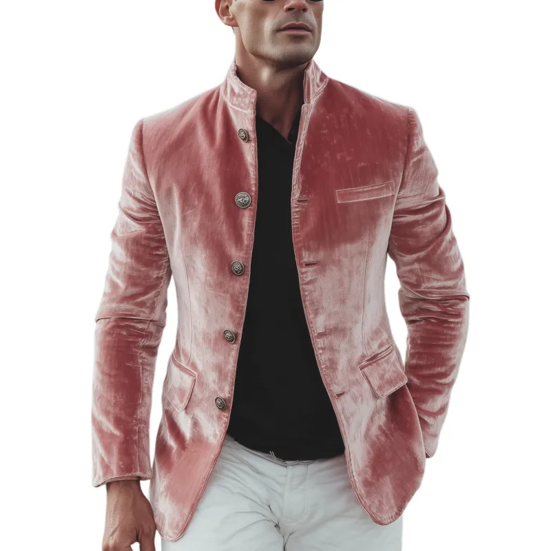 Men's Classic American Retro Stand Collar Button Pink Velvet Slim Jacket MTA1953H8K sold by Manly