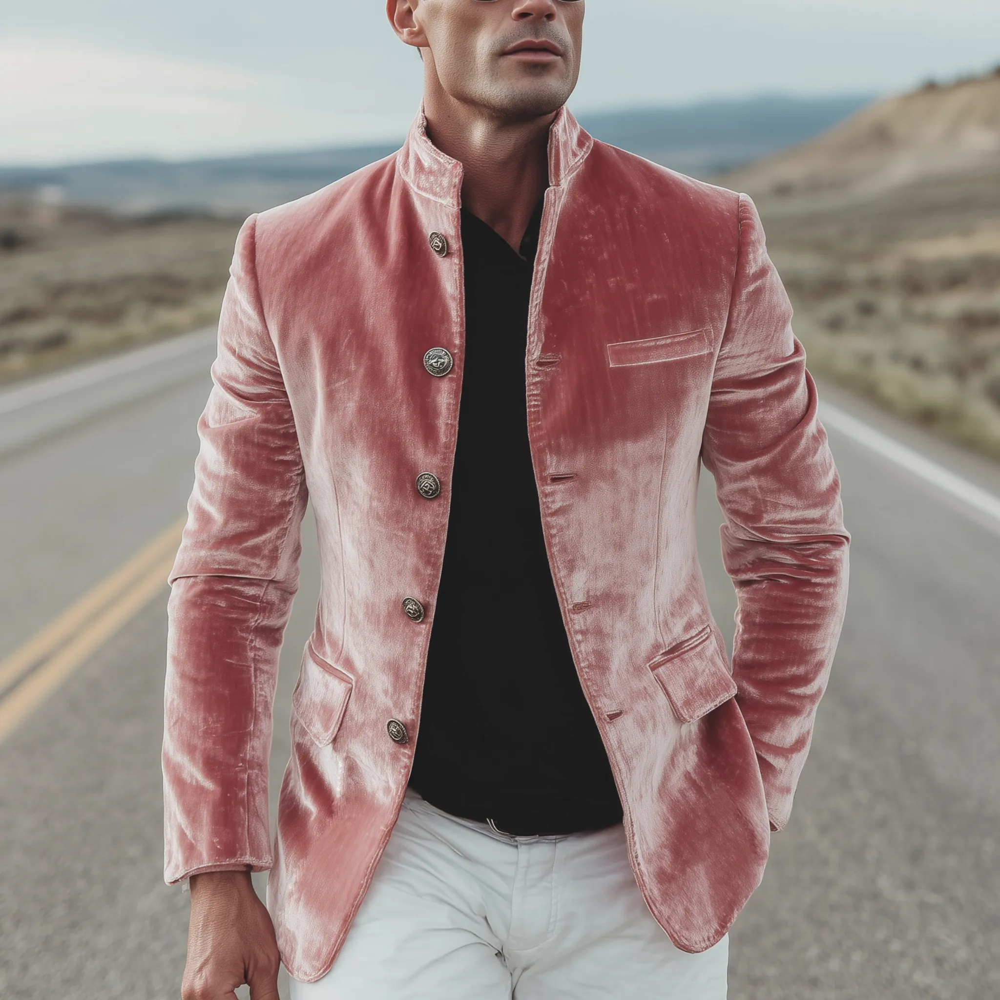 Men's Classic American Retro Stand Collar Button Pink Velvet Slim Jacket MTA1953H8K sold by Manly product image thumbnail 2