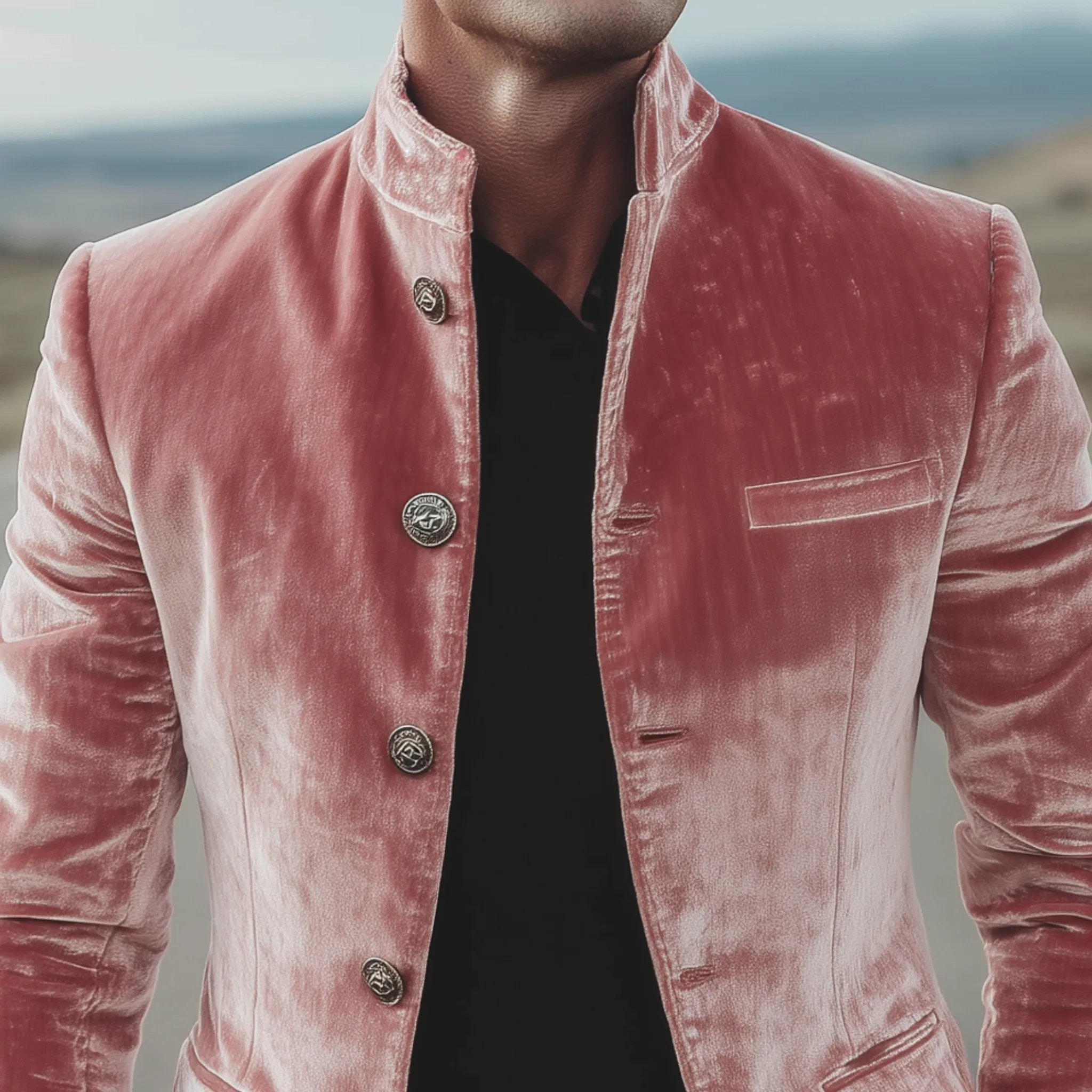 Men's Classic American Retro Stand Collar Button Pink Velvet Slim Jacket MTA1953H8K sold by Manly product image thumbnail 4
