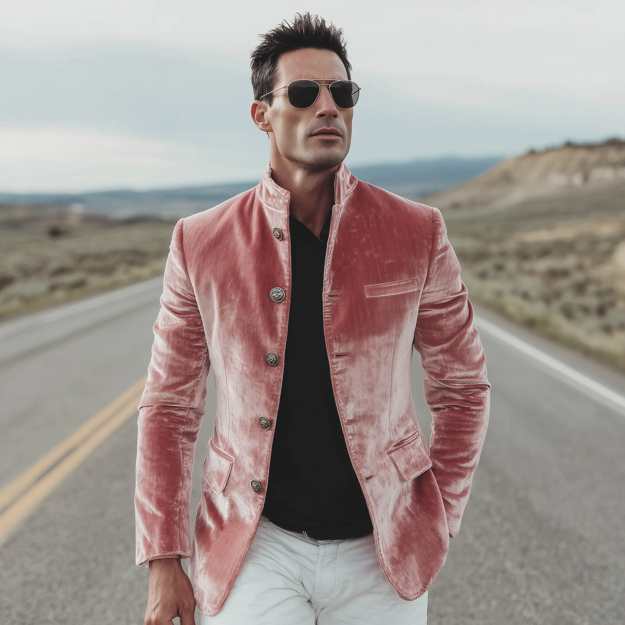 Men's Classic American Retro Stand Collar Button Pink Velvet Slim Jacket MTA1953H8K sold by Manly product image thumbnail 3