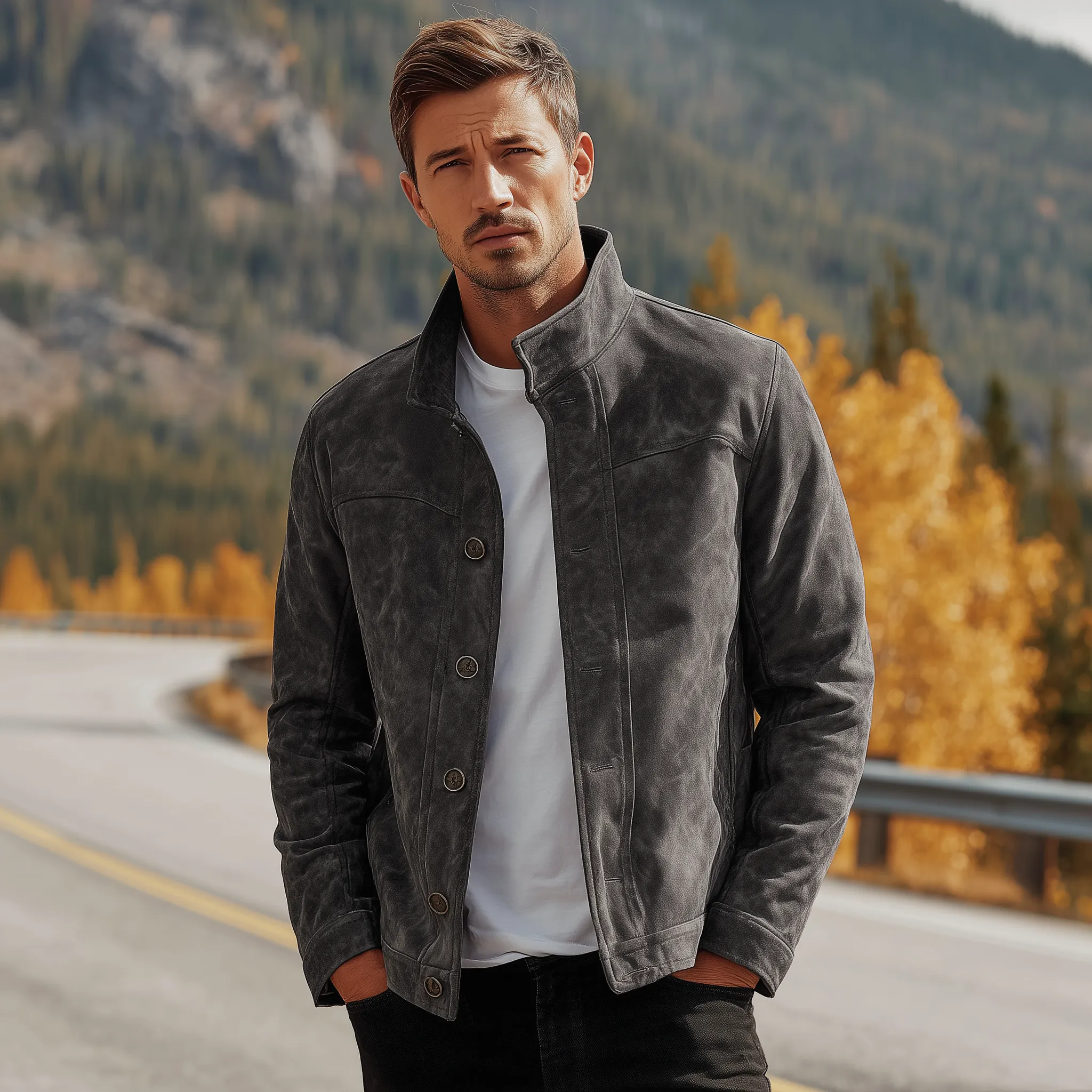 Men's Classic American Retro Stand Collar Suede Jacket MTA1954H4K sold by Manly product image thumbnail 3