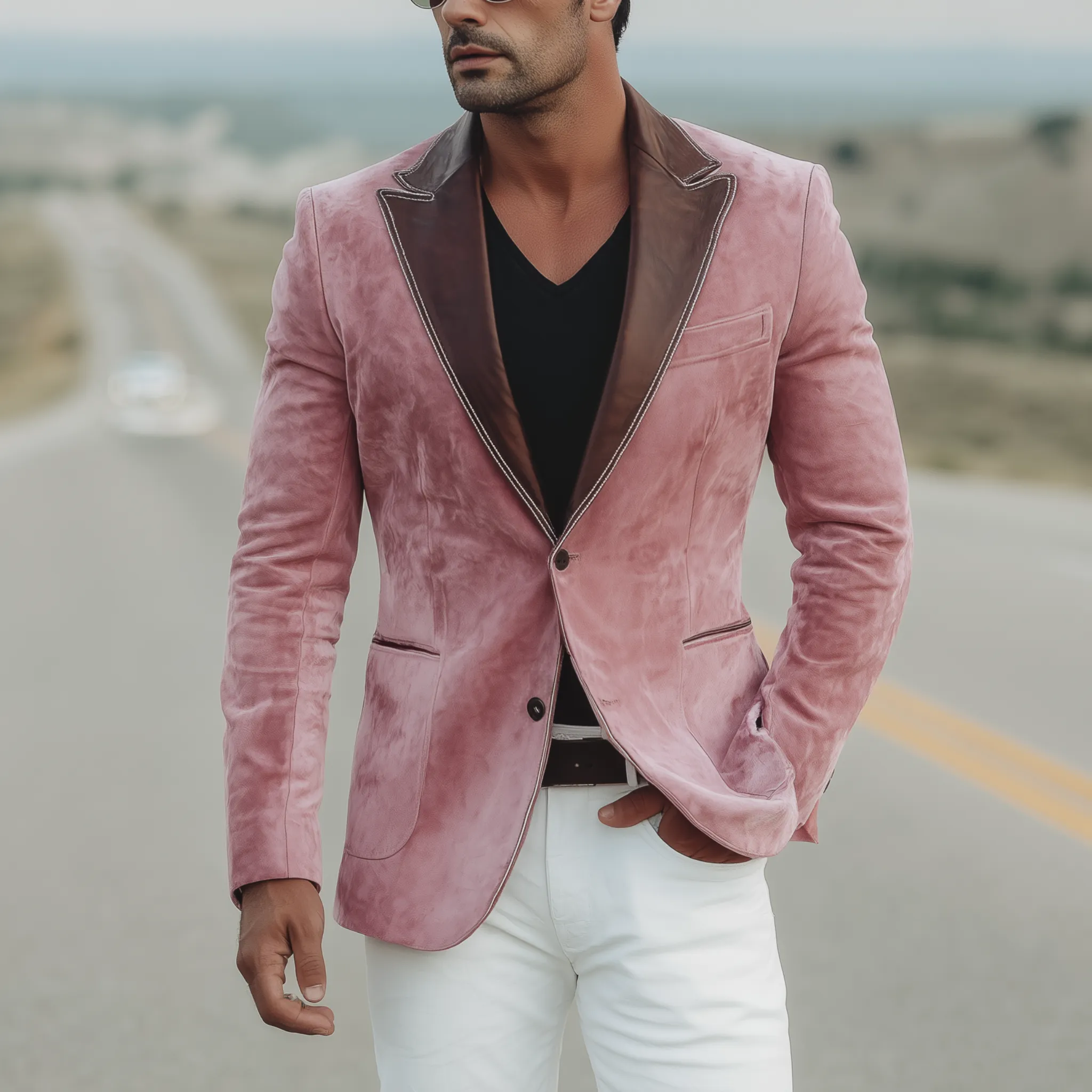 Men's Classic Retro Western Style Collar Stitching PU Leather Single-breasted Pink Suede Blazer MTA1911H0K sold by Manly product image thumbnail 2