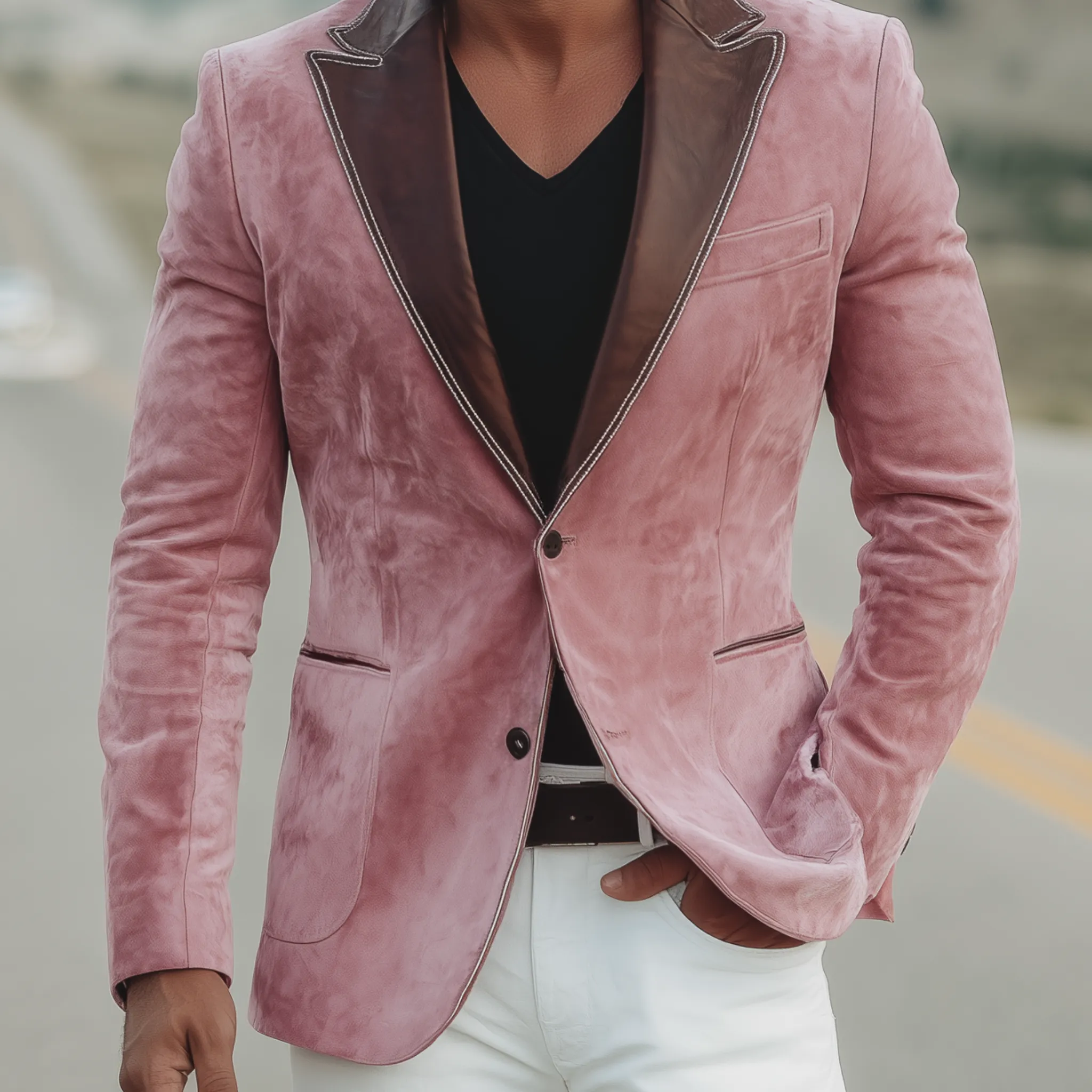 Men's Classic Retro Western Style Collar Stitching PU Leather Single-breasted Pink Suede Blazer MTA1911H0K sold by Manly product image thumbnail 5