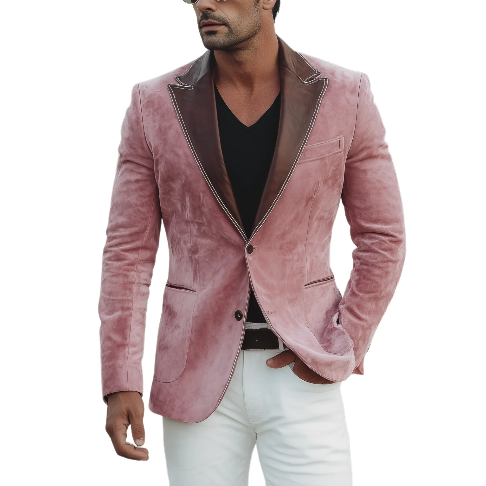 Men's Classic Retro Western Style Collar Stitching PU Leather Single-breasted Pink Suede Blazer MTA1911H0K sold by Manly