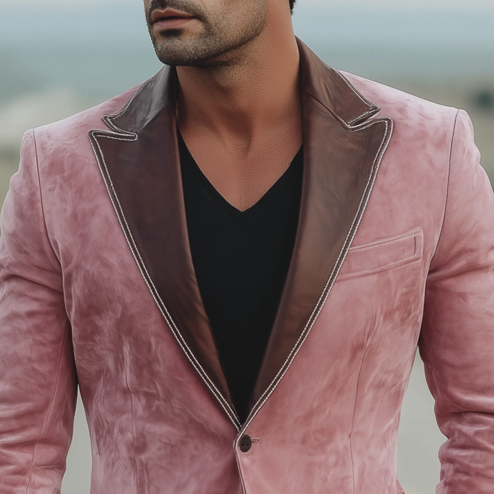 Men's Classic Retro Western Style Collar Stitching PU Leather Single-breasted Pink Suede Blazer MTA1911H0K sold by Manly product image thumbnail 4
