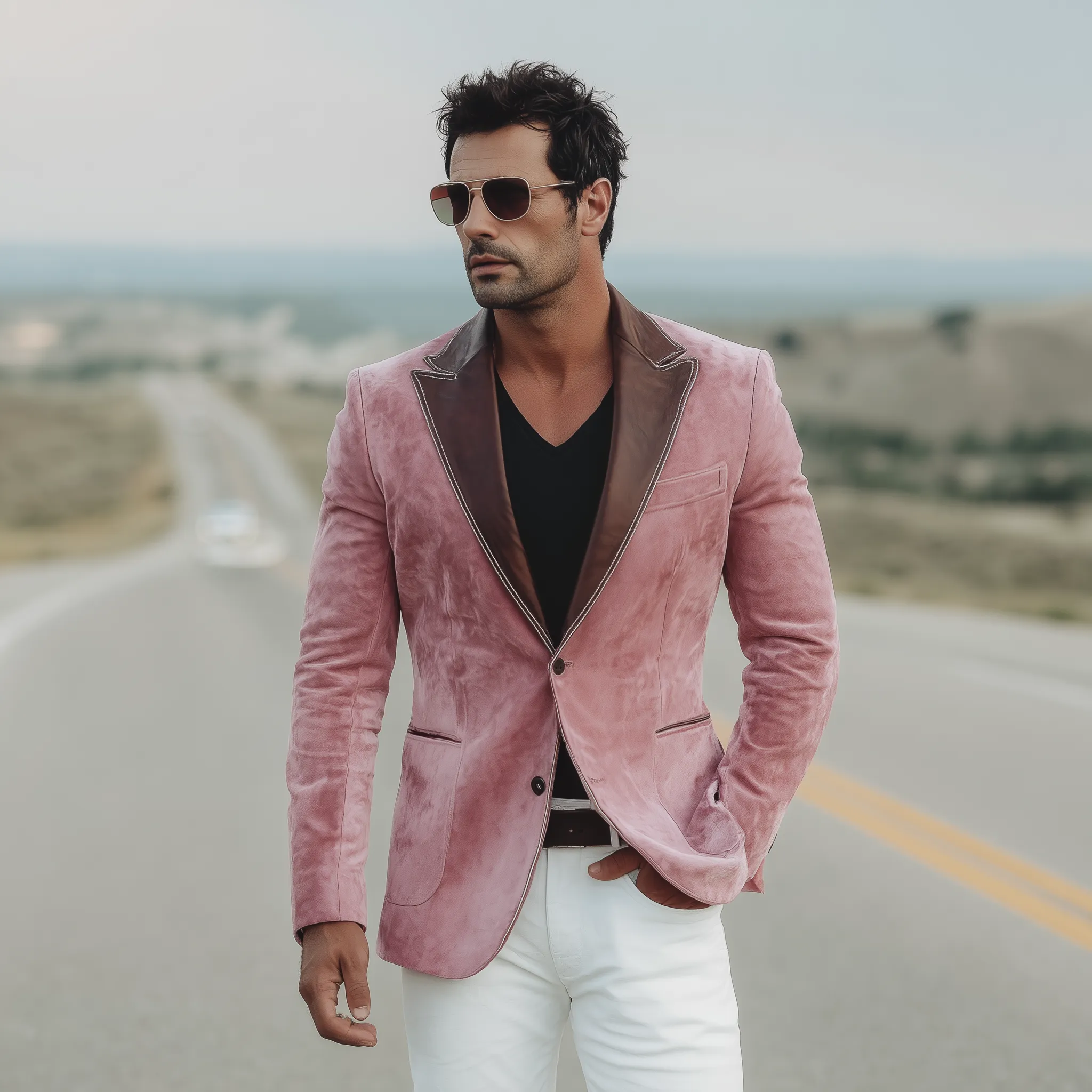 Men's Classic Retro Western Style Collar Stitching PU Leather Single-breasted Pink Suede Blazer MTA1911H0K sold by Manly product image thumbnail 3