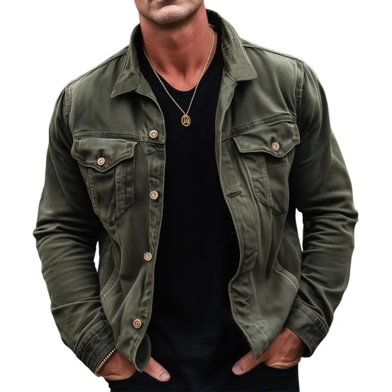 Men's Vintage Distressed Army Green Button-down Lapel Jacket MTA1854H3U sold by Manly