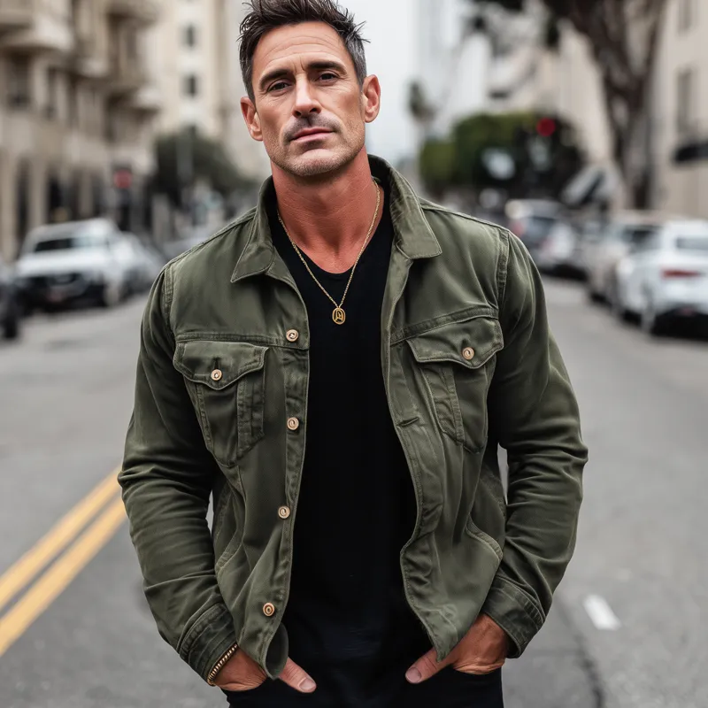 Men's Vintage Distressed Army Green Button-down Lapel Jacket MTA1854H3U sold by Manly product image thumbnail 2