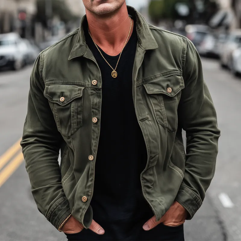 Men's Vintage Distressed Army Green Button-down Lapel Jacket MTA1854H3U sold by Manly product image thumbnail 3