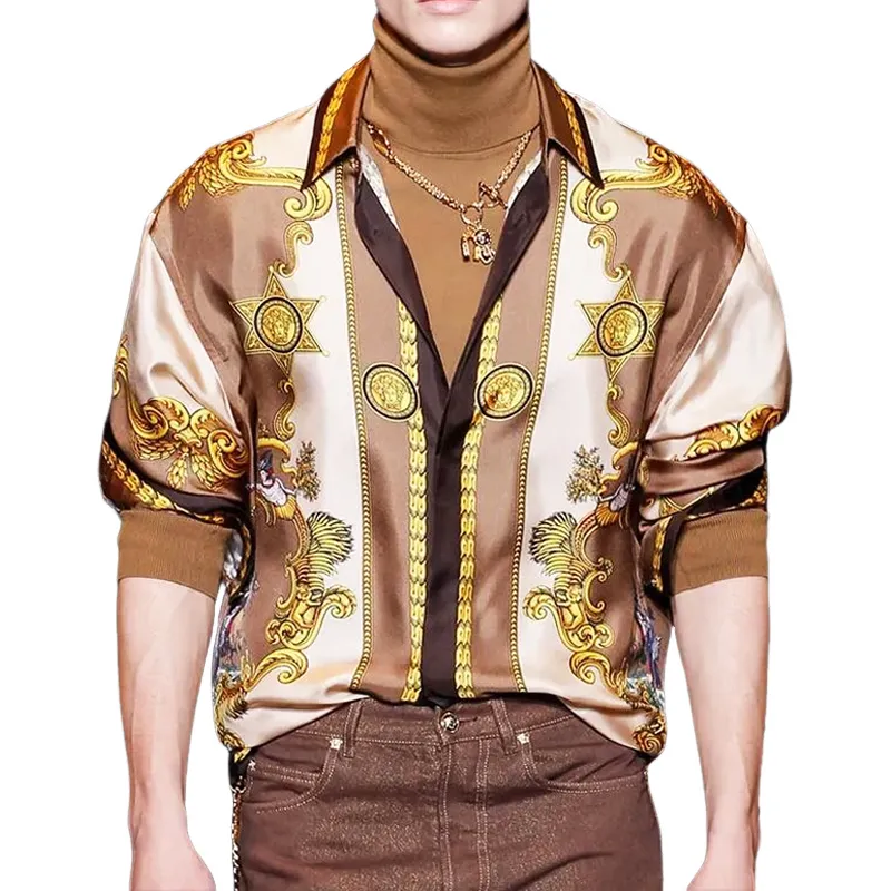 Men's Casual Satin Vintage Print Long Sleeve Shirt MTA1947H2U sold by Manly