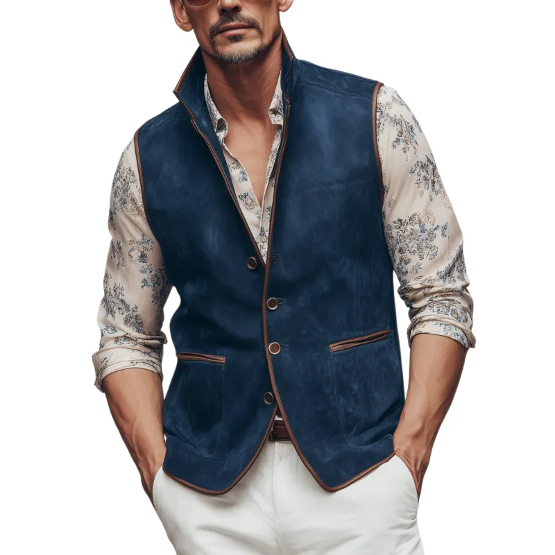 Men's Classic American Retro Stand Collar Suede Vest MTA1975H3K sold by Manly