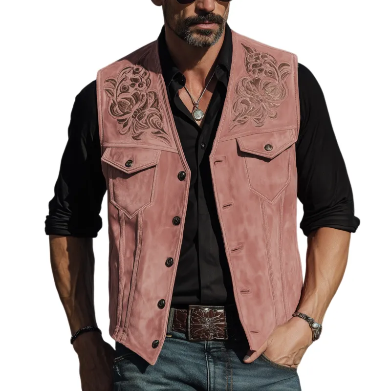 Men's Classic American Retro Western Style Pink Suede Embroidered Vest MTA1901H7K sold by Manly