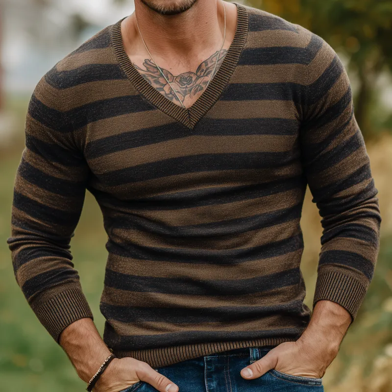 Men's Vintage Contrast Striped V-Neck Slim Fit Knit Pullover Sweater MTA1813H3M sold by Manly product image thumbnail 3