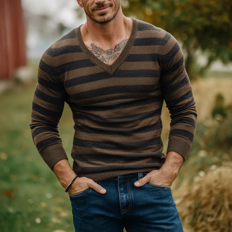 Men's Vintage Contrast Striped V-Neck Slim Fit Knit Pullover Sweater MTA1813H3M sold by Manly product image thumbnail 2