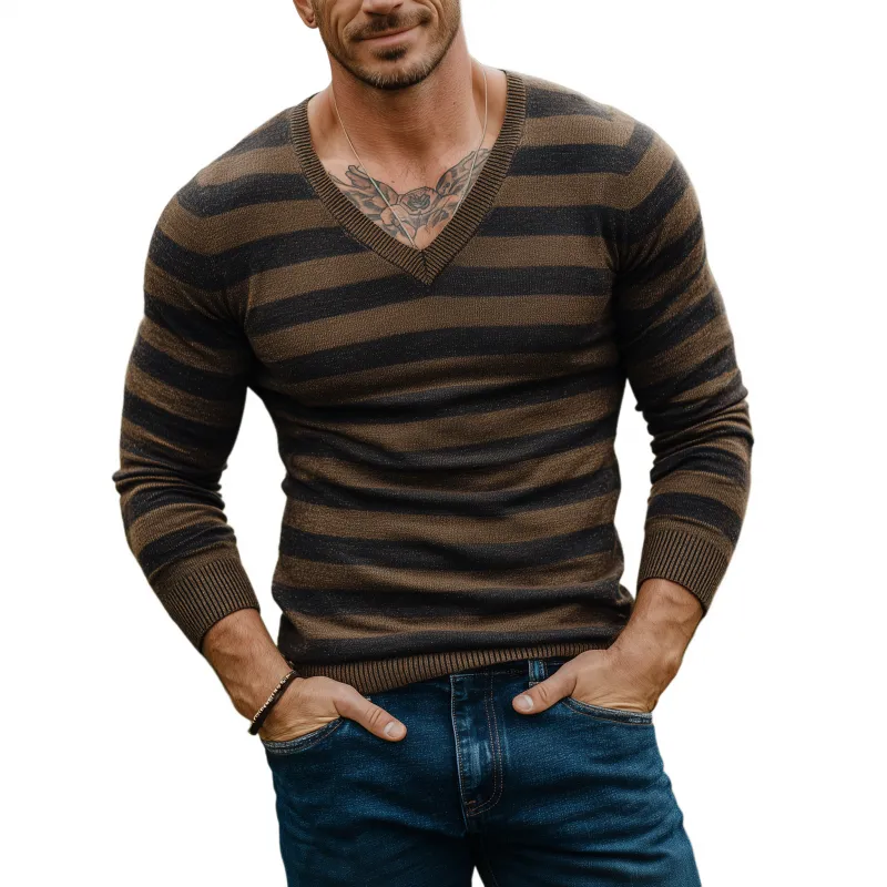 Men's Vintage Contrast Striped V-Neck Slim Fit Knit Pullover Sweater MTA1813H3M sold by Manly