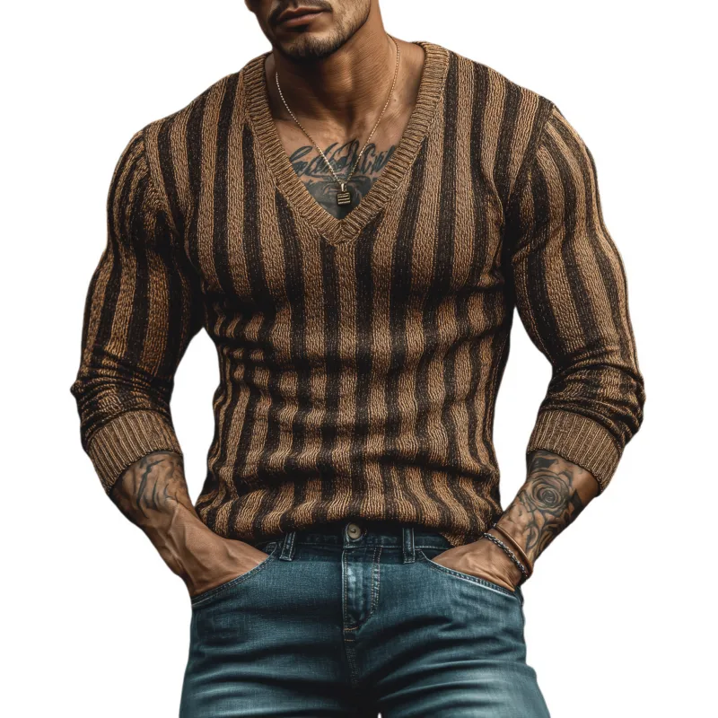 Men's Vintage Contrast Vertical Striped V-Neck Slim Fit Knit Pullover Sweater MTA1877H4M sold by Manly
