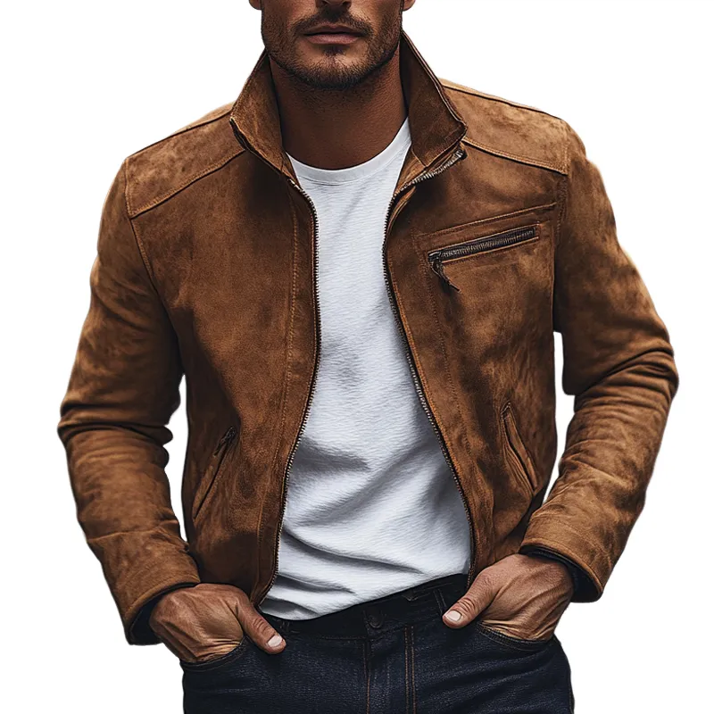 Men's Vintage Suede Lapel Zipper Slim Fit Jacket MTA1834H9X sold by Manly
