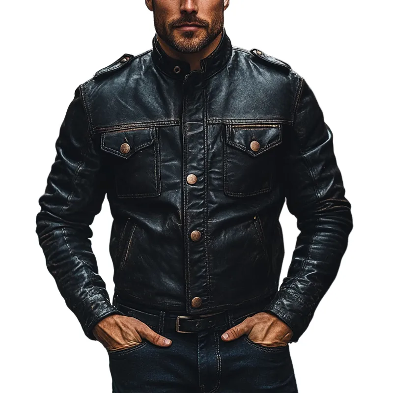 Men's Retro Motorcycle Style Multi-Pocket Stand Collar PU Jacket MTA1862H4X sold by Manly