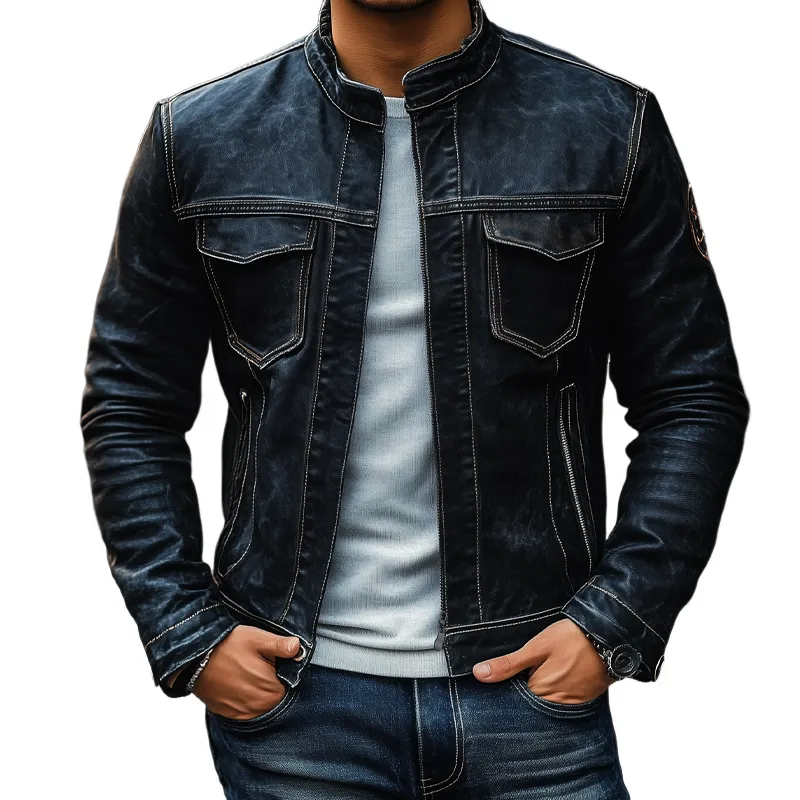 Men's Vintage Motorcycle Stand Collar Zip-Up Jacket MTA1952H9X sold by Manly