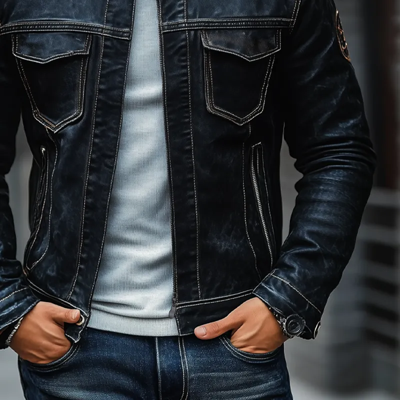 Men's Vintage Motorcycle Stand Collar Zip-Up Jacket MTA1952H9X sold by Manly product image thumbnail 4